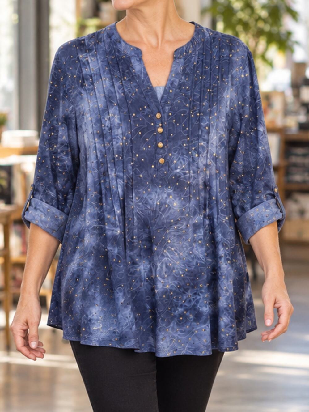 Cocomo Blue & Gold Paillette Tie Dye Pintuck Henley Top L